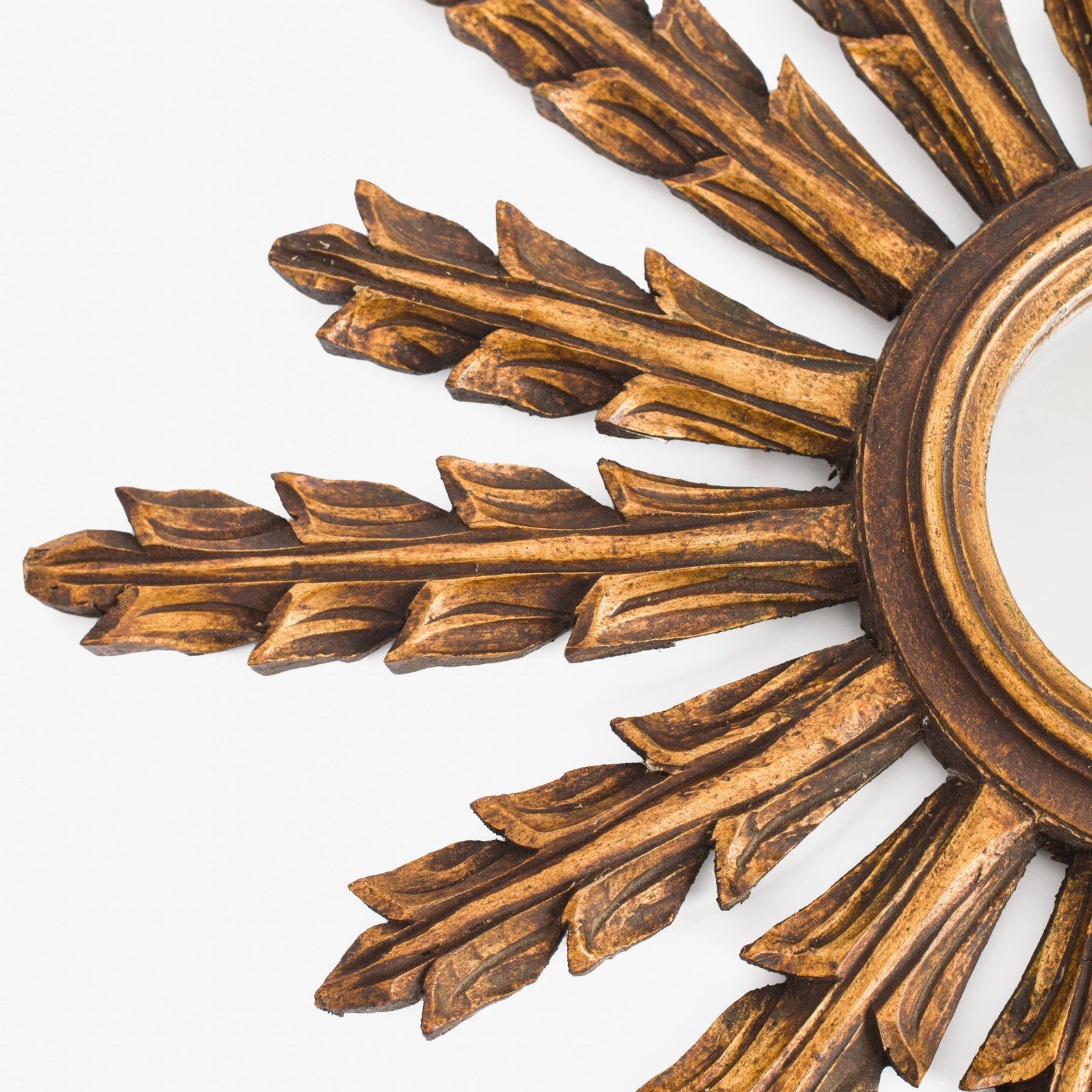 Portuguese Gilt Sunburst Mirror, ca. 1930 – hand-carved wood with water gilding in gold leaf, authentic patina and Portuguese Art Deco craftsmanship, piece available at Strana & Antic.
