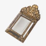 Antique Dutch Brass Mirror in Repousse Brass with Original Beveled Glass, Dutch Wall Mirror, Netherlands c. 1890–1920, Rococo Revival Decor.