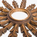 Portuguese Gilt Sunburst Mirror, ca. 1930 – hand-carved wood with water gilding in gold leaf, authentic patina and Portuguese Art Deco craftsmanship, piece available at Strana & Antic.