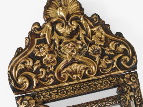 Antique Dutch Brass Mirror in Repousse Brass with Original Beveled Glass, Dutch Wall Mirror, Netherlands c. 1890–1920, Rococo Revival Decor.