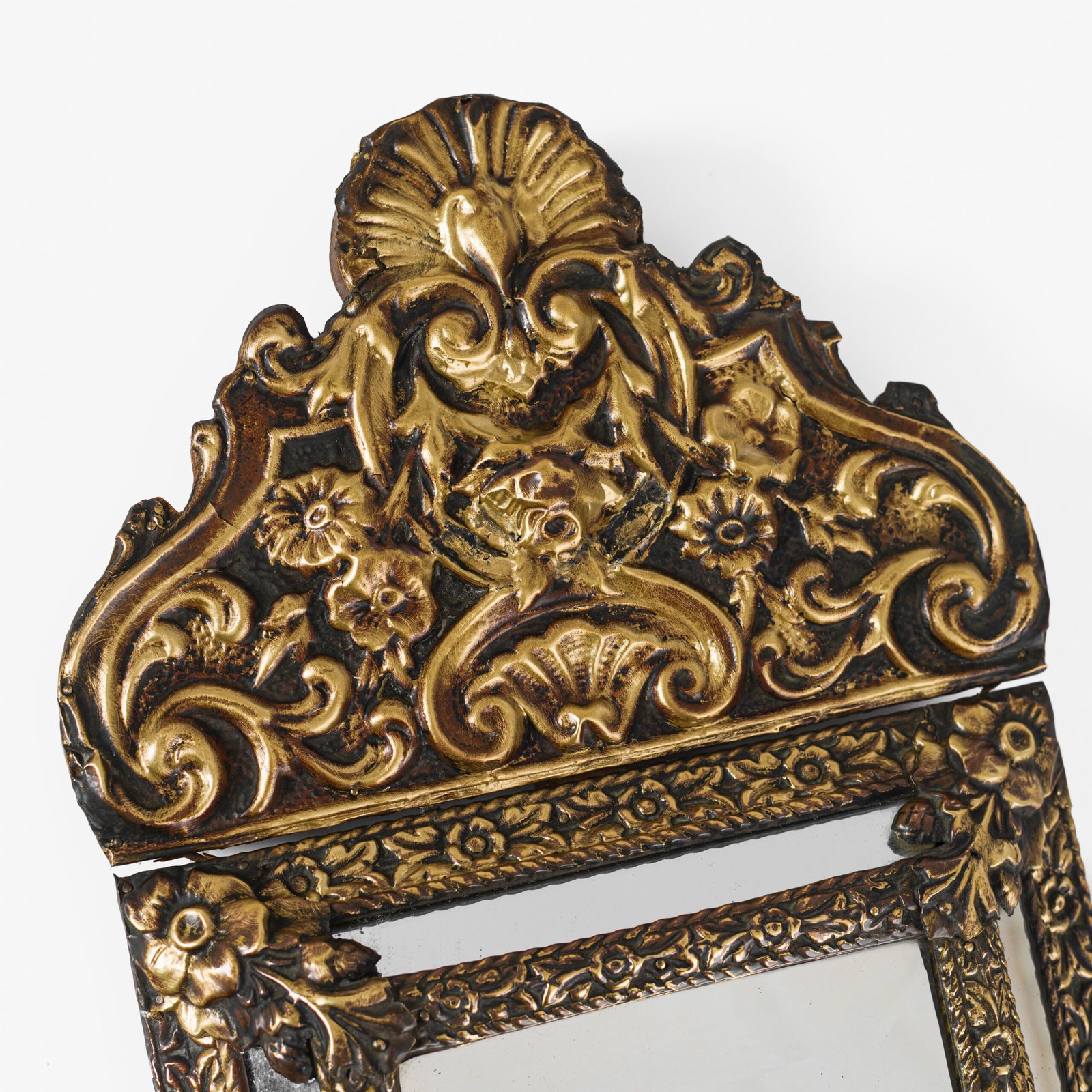 Antique Dutch Brass Mirror in Repousse Brass with Original Beveled Glass, Dutch Wall Mirror, Netherlands c. 1890–1920, Rococo Revival Decor.