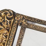 Antique Dutch Brass Mirror in Repousse Brass with Original Beveled Glass, Dutch Wall Mirror, Netherlands c. 1890–1920, Rococo Revival Decor.