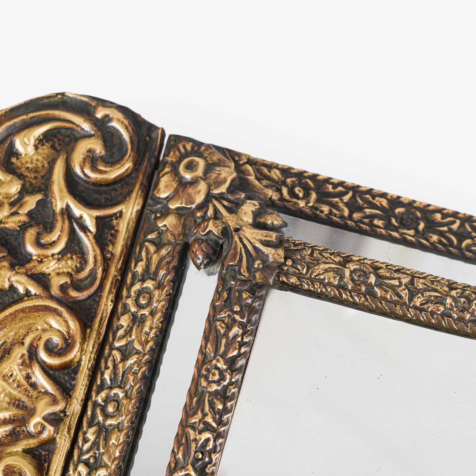 Antique Dutch Brass Mirror in Repousse Brass with Original Beveled Glass, Dutch Wall Mirror, Netherlands c. 1890–1920, Rococo Revival Decor.