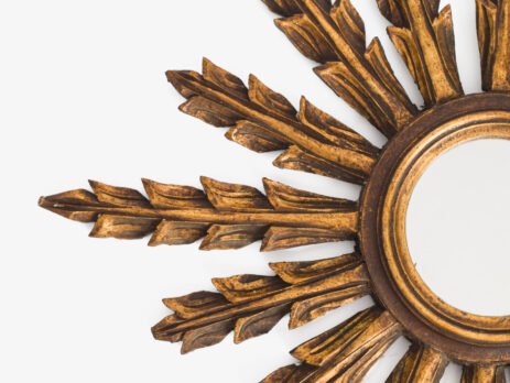 Portuguese Gilt Sunburst Mirror, ca. 1930 – hand-carved wood with water gilding in gold leaf, authentic patina and Portuguese Art Deco craftsmanship, piece available at Strana & Antic.