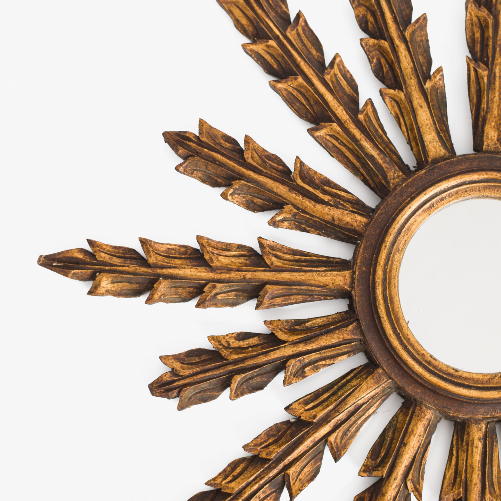 Portuguese Gilt Sunburst Mirror, ca. 1930 – hand-carved wood with water gilding in gold leaf, authentic patina and Portuguese Art Deco craftsmanship, piece available at Strana & Antic.