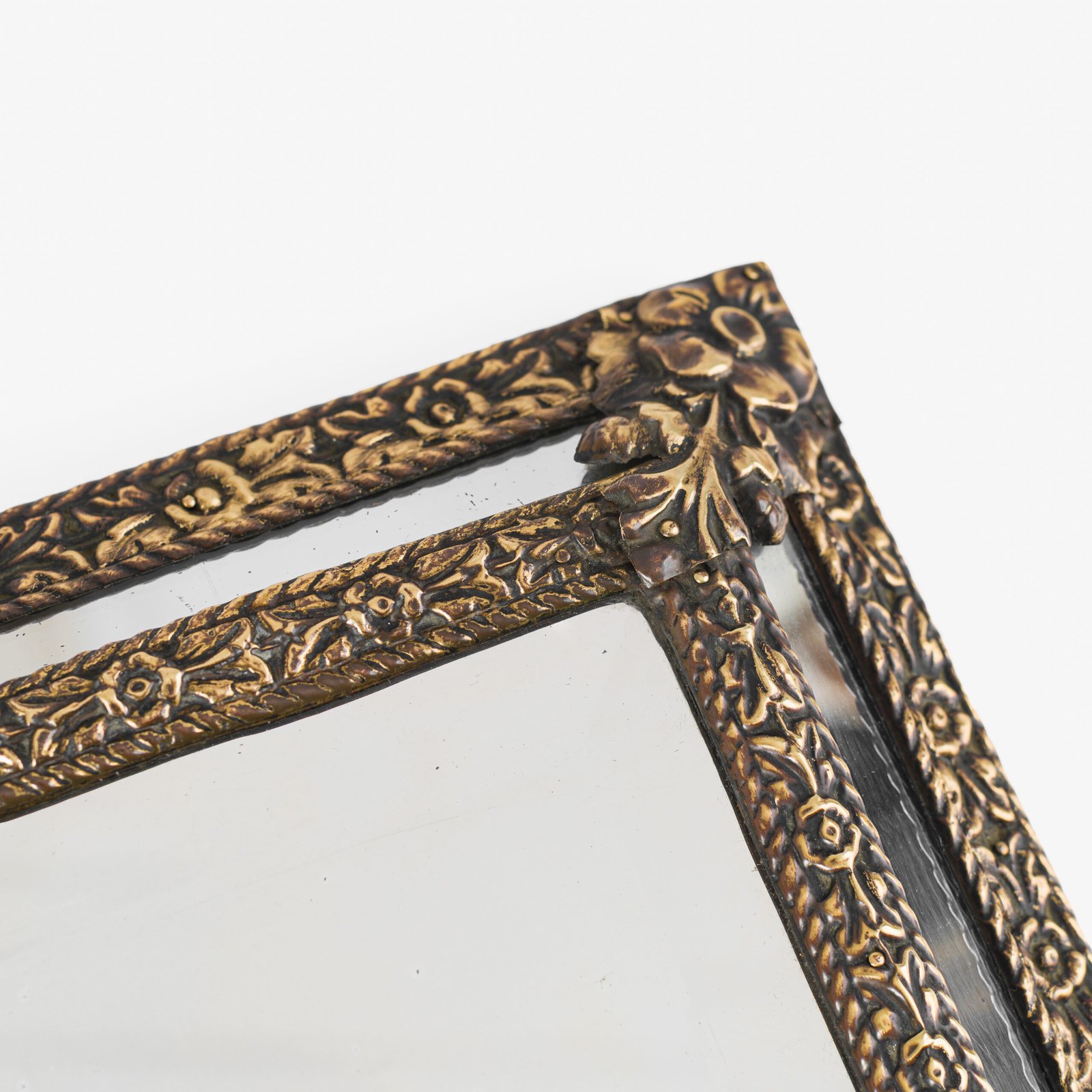 Antique Dutch Brass Mirror in Repousse Brass with Original Beveled Glass, Dutch Wall Mirror, Netherlands c. 1890–1920, Rococo Revival Decor.