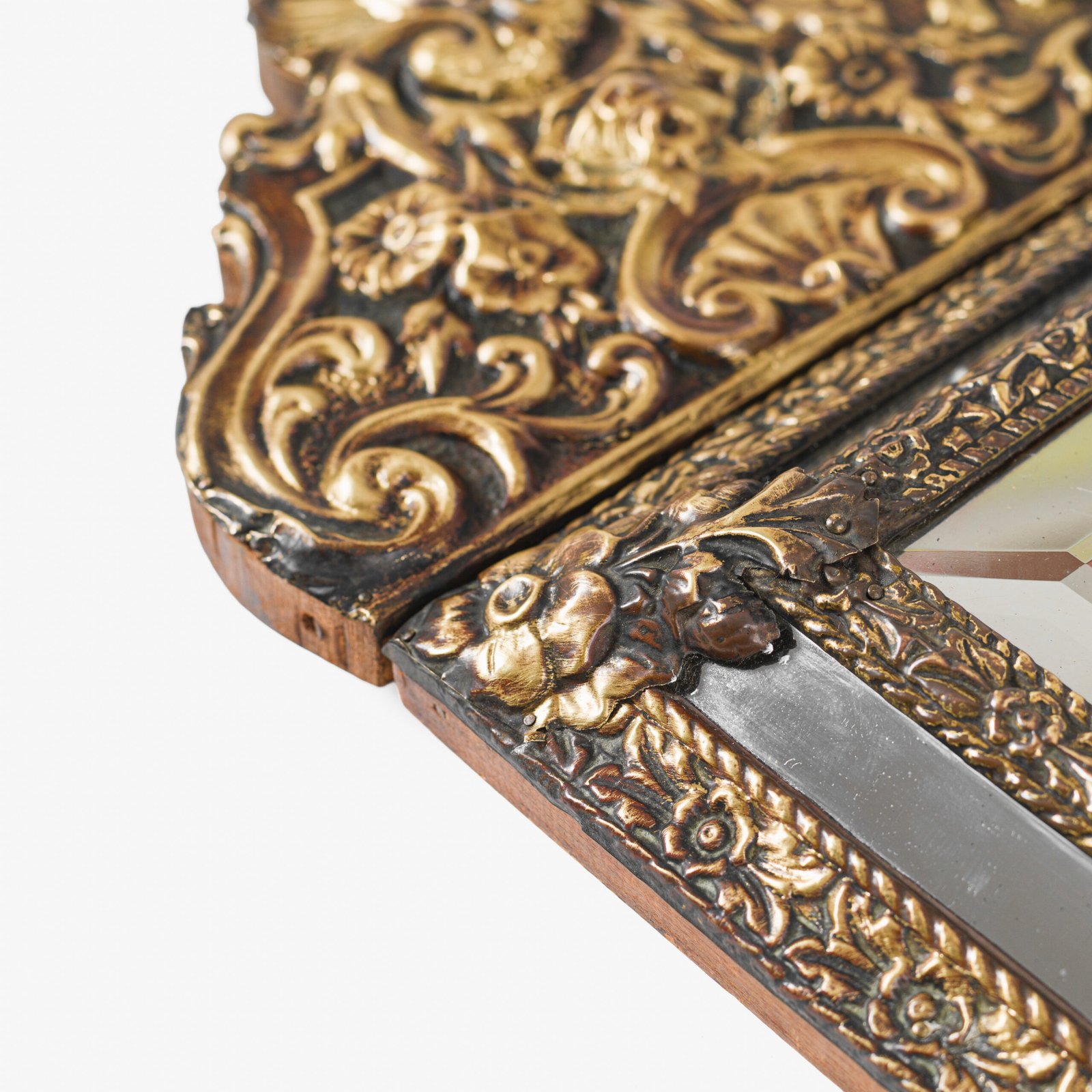 Antique Dutch Brass Mirror in Repousse Brass with Original Beveled Glass, Dutch Wall Mirror, Netherlands c. 1890–1920, Rococo Revival Decor.