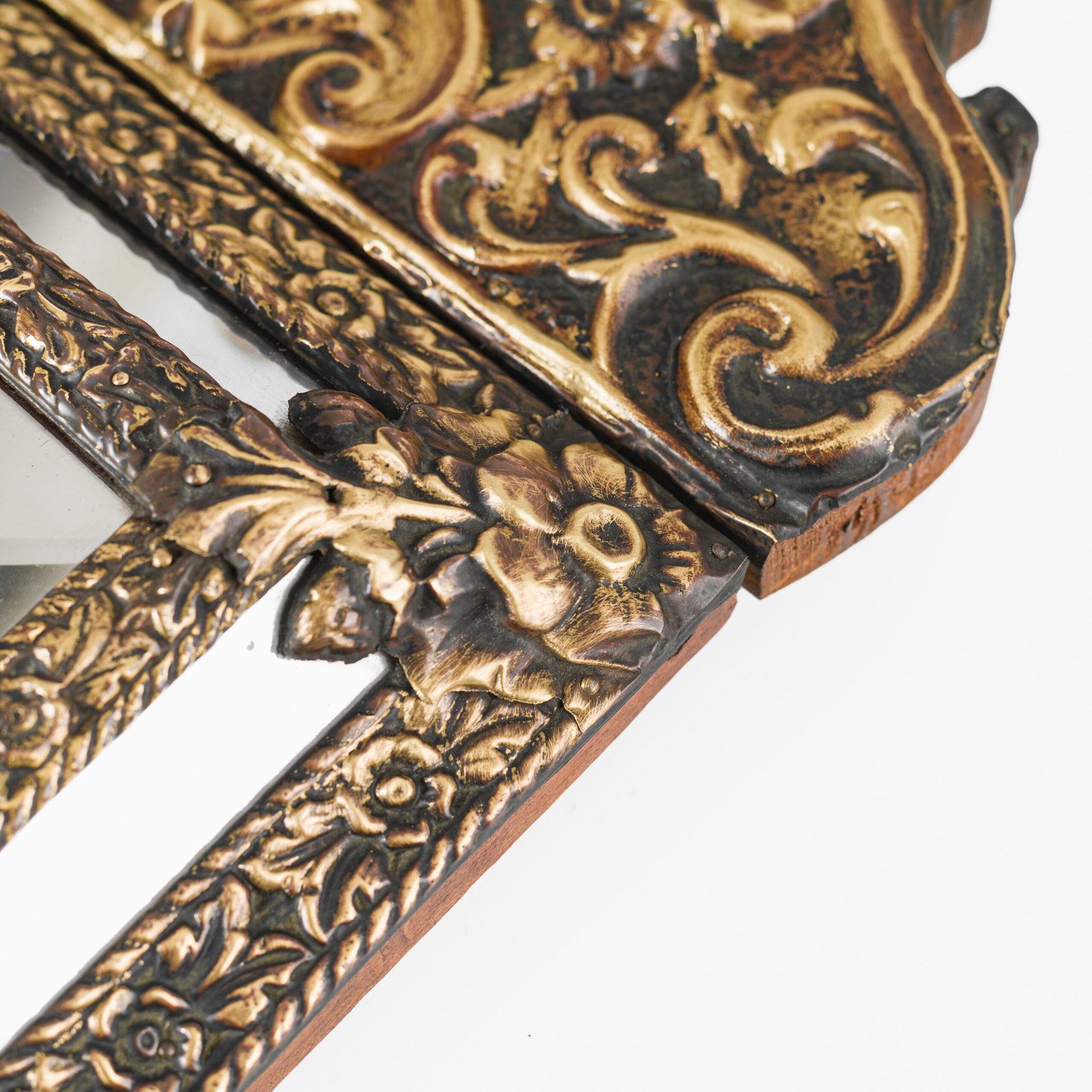 Antique Dutch Brass Mirror in Repousse Brass with Original Beveled Glass, Dutch Wall Mirror, Netherlands c. 1890–1920, Rococo Revival Decor.
