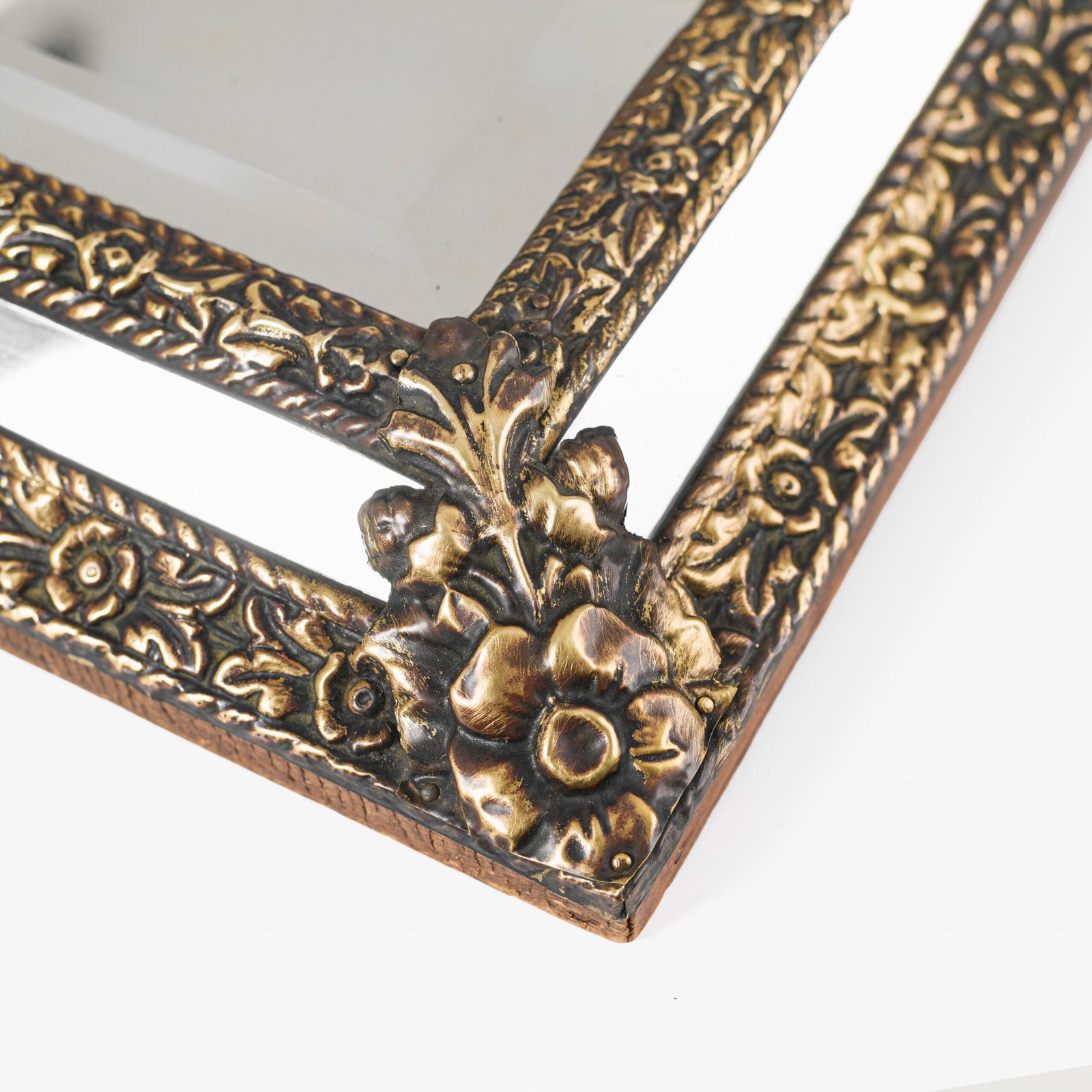 Antique Dutch Brass Mirror in Repousse Brass with Original Beveled Glass, Dutch Wall Mirror, Netherlands c. 1890–1920, Rococo Revival Decor.