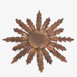 Portuguese Gilt Sunburst Mirror, ca. 1930 – hand-carved wood with water gilding in gold leaf, authentic patina and Portuguese Art Deco craftsmanship, piece available at Strana & Antic.