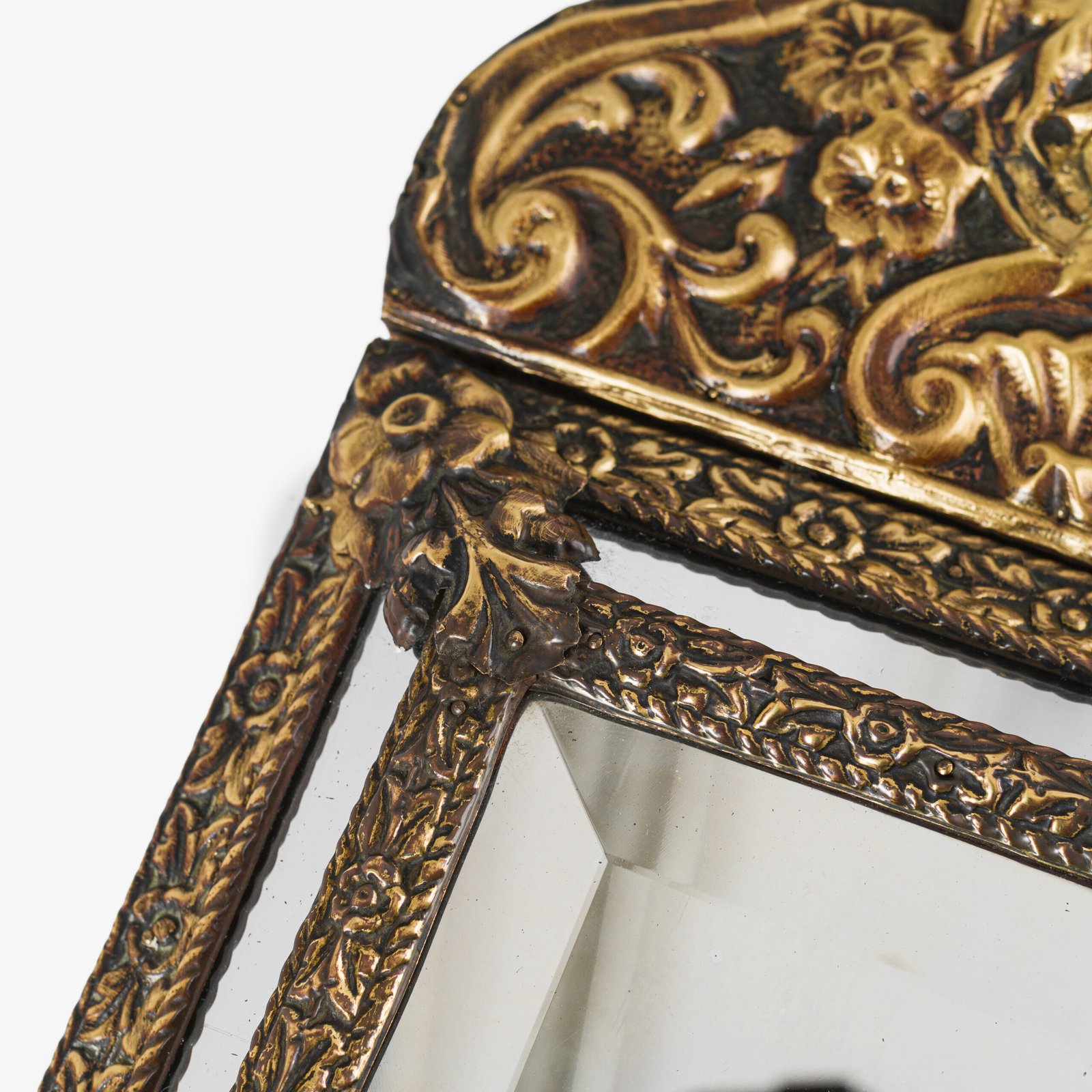 Antique Dutch Brass Mirror in Repousse Brass with Original Beveled Glass, Dutch Wall Mirror, Netherlands c. 1890–1920, Rococo Revival Decor.