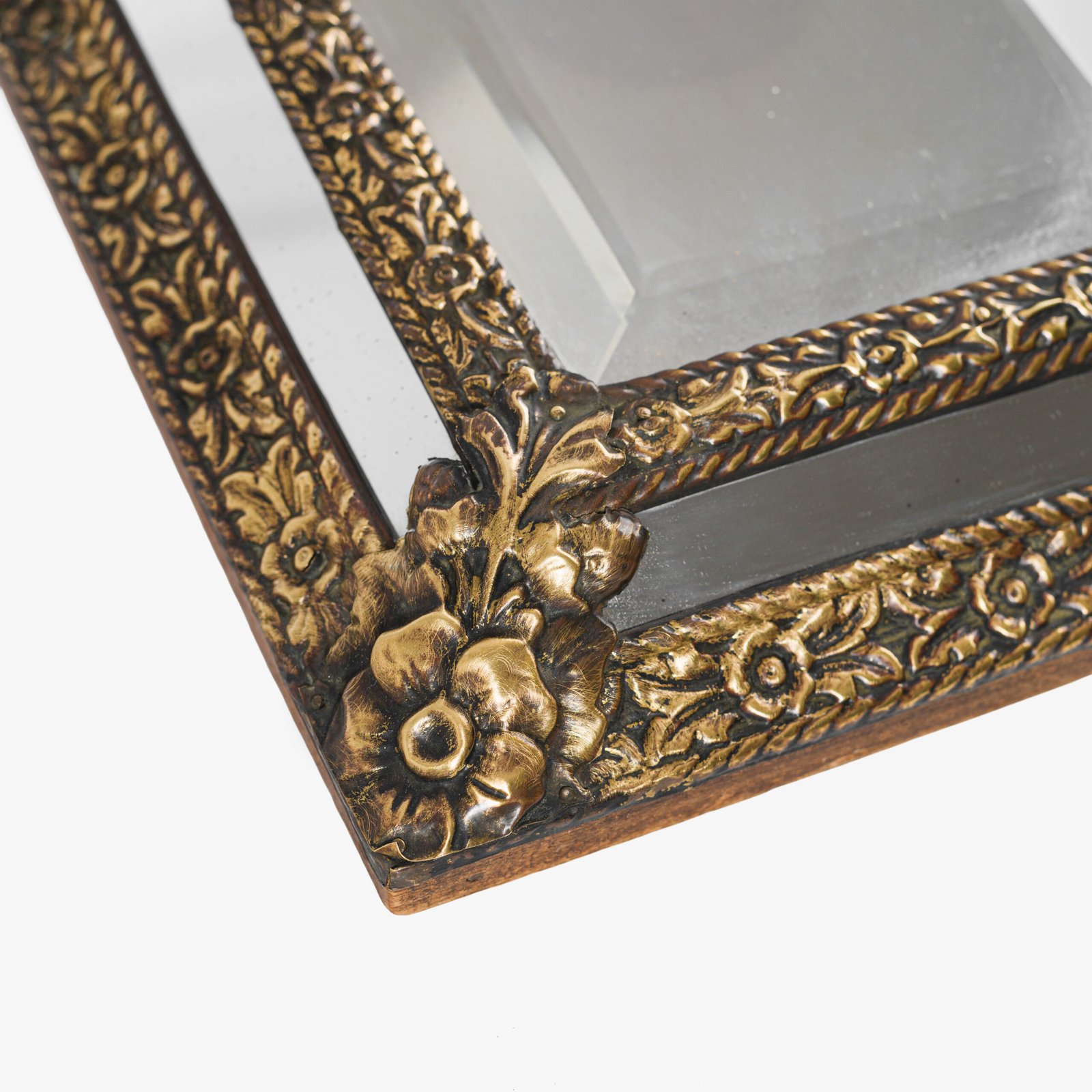 Antique Dutch Brass Mirror in Repousse Brass with Original Beveled Glass, Dutch Wall Mirror, Netherlands c. 1890–1920, Rococo Revival Decor.