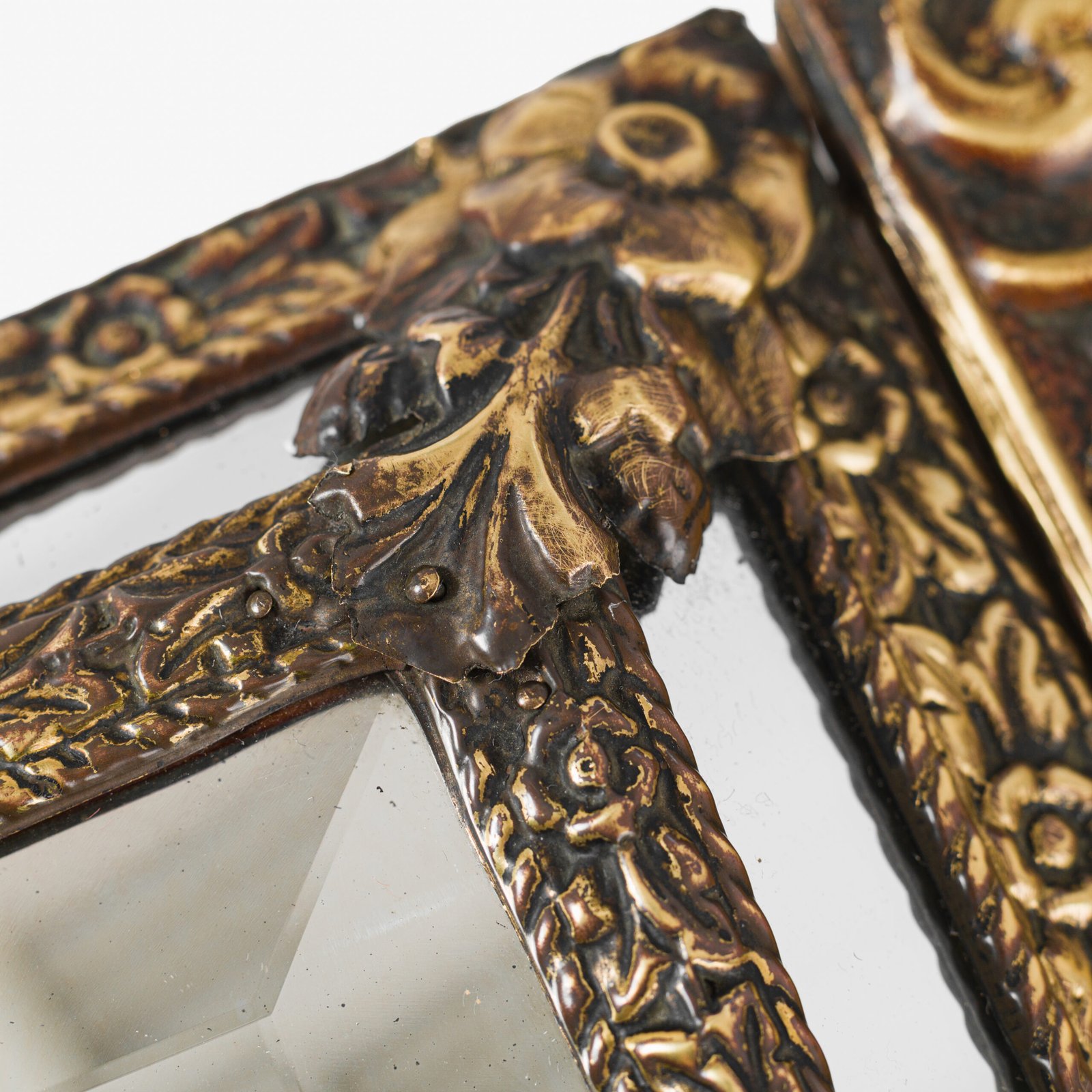 Antique Dutch Brass Mirror in Repousse Brass with Original Beveled Glass, Dutch Wall Mirror, Netherlands c. 1890–1920, Rococo Revival Decor.