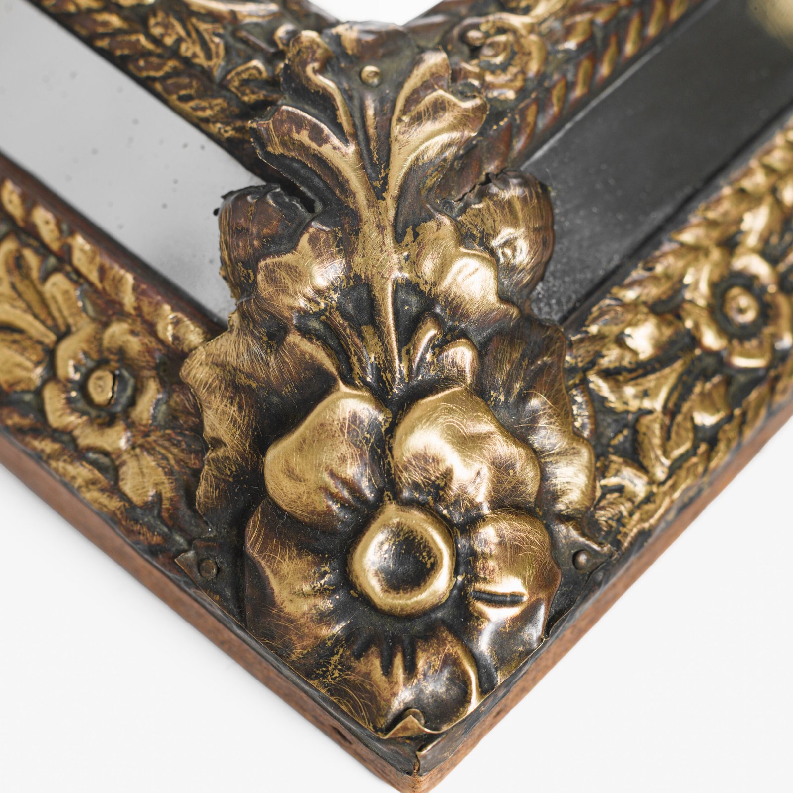 Antique Dutch Brass Mirror in Repousse Brass with Original Beveled Glass, Dutch Wall Mirror, Netherlands c. 1890–1920, Rococo Revival Decor.
