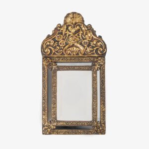 Antique Dutch Brass Mirror in Repousse Brass with Original Beveled Glass, Dutch Wall Mirror, Netherlands c. 1890–1920, Rococo Revival Decor.