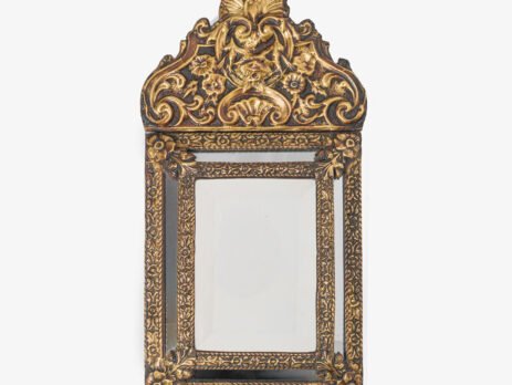 Antique Dutch Brass Mirror in Repousse Brass with Original Beveled Glass, Dutch Wall Mirror, Netherlands c. 1890–1920, Rococo Revival Decor.