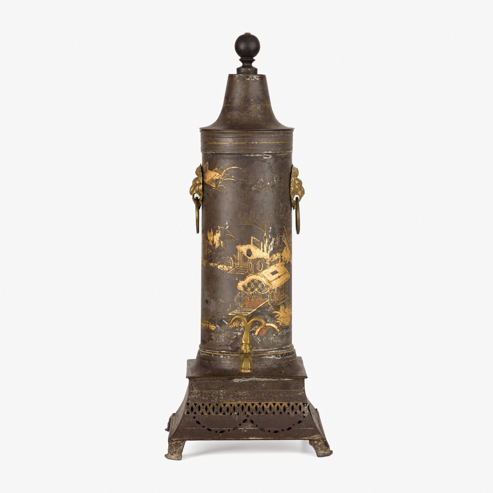 Tea Urn with Chinoiserie Decoration, Rare English Regency Hot Water Urn in Painted Metal and Brass, Lion Head Handles, Original Brass Tap, Circa 1800–1820.