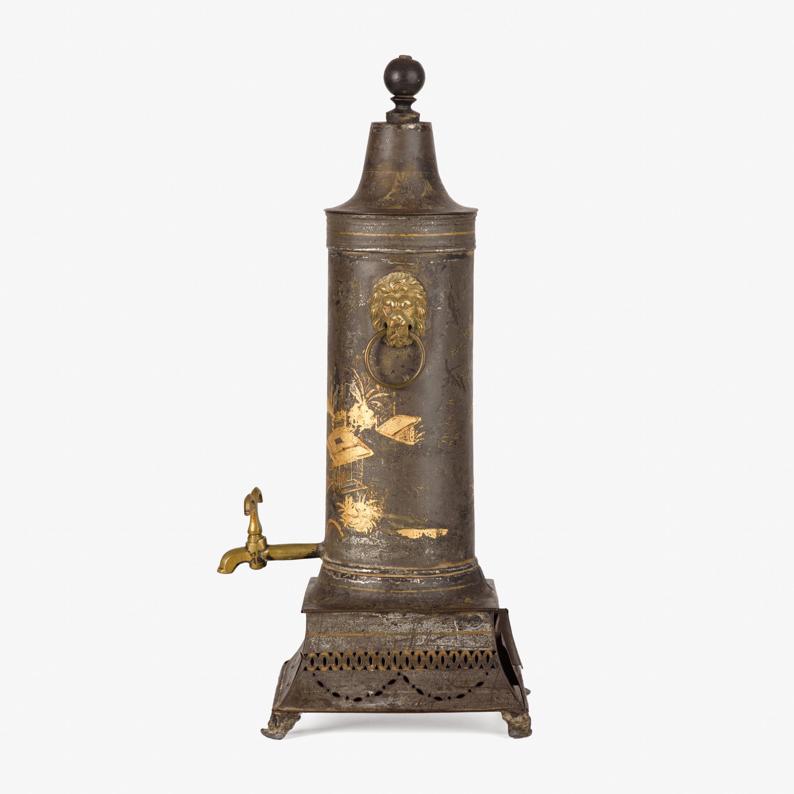 Tea Urn with Chinoiserie Decoration, Rare English Regency Hot Water Urn in Painted Metal and Brass, Lion Head Handles, Original Brass Tap, Circa 1800–1820.
