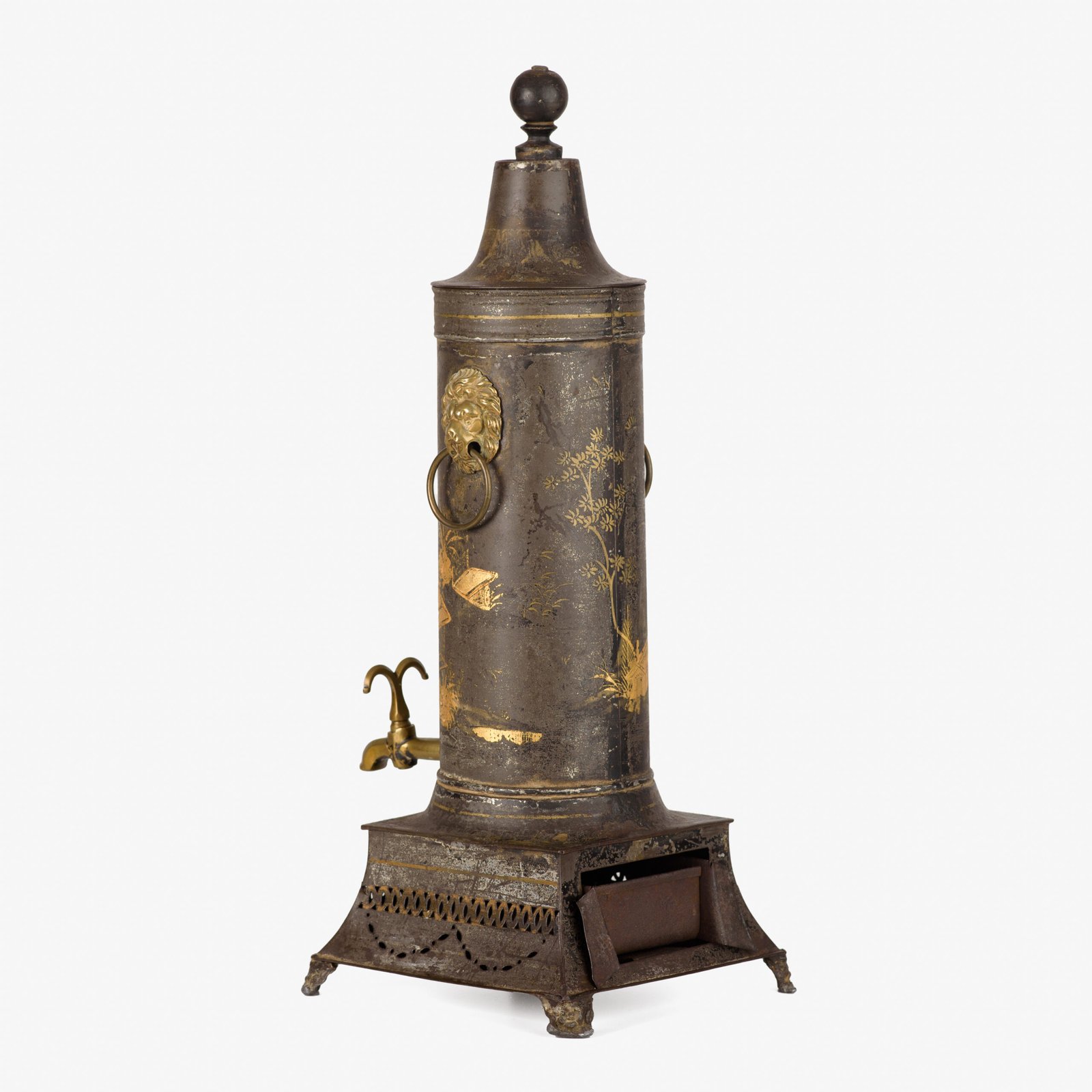 Tea Urn with Chinoiserie Decoration, Rare English Regency Hot Water Urn in Painted Metal and Brass, Lion Head Handles, Original Brass Tap, Circa 1800–1820.