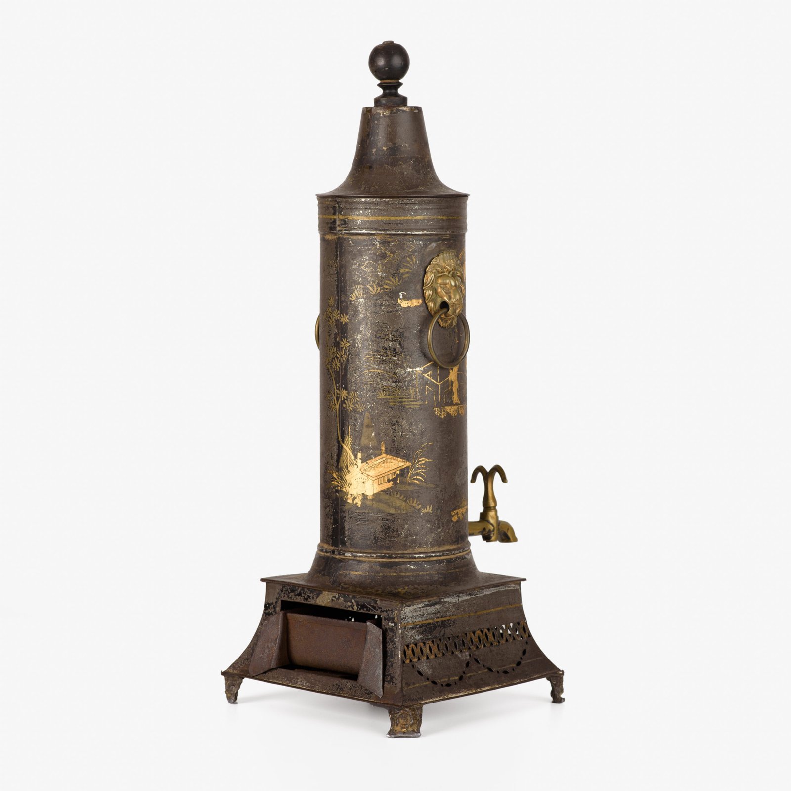 Tea Urn with Chinoiserie Decoration, Rare English Regency Hot Water Urn in Painted Metal and Brass, Lion Head Handles, Original Brass Tap, Circa 1800–1820.