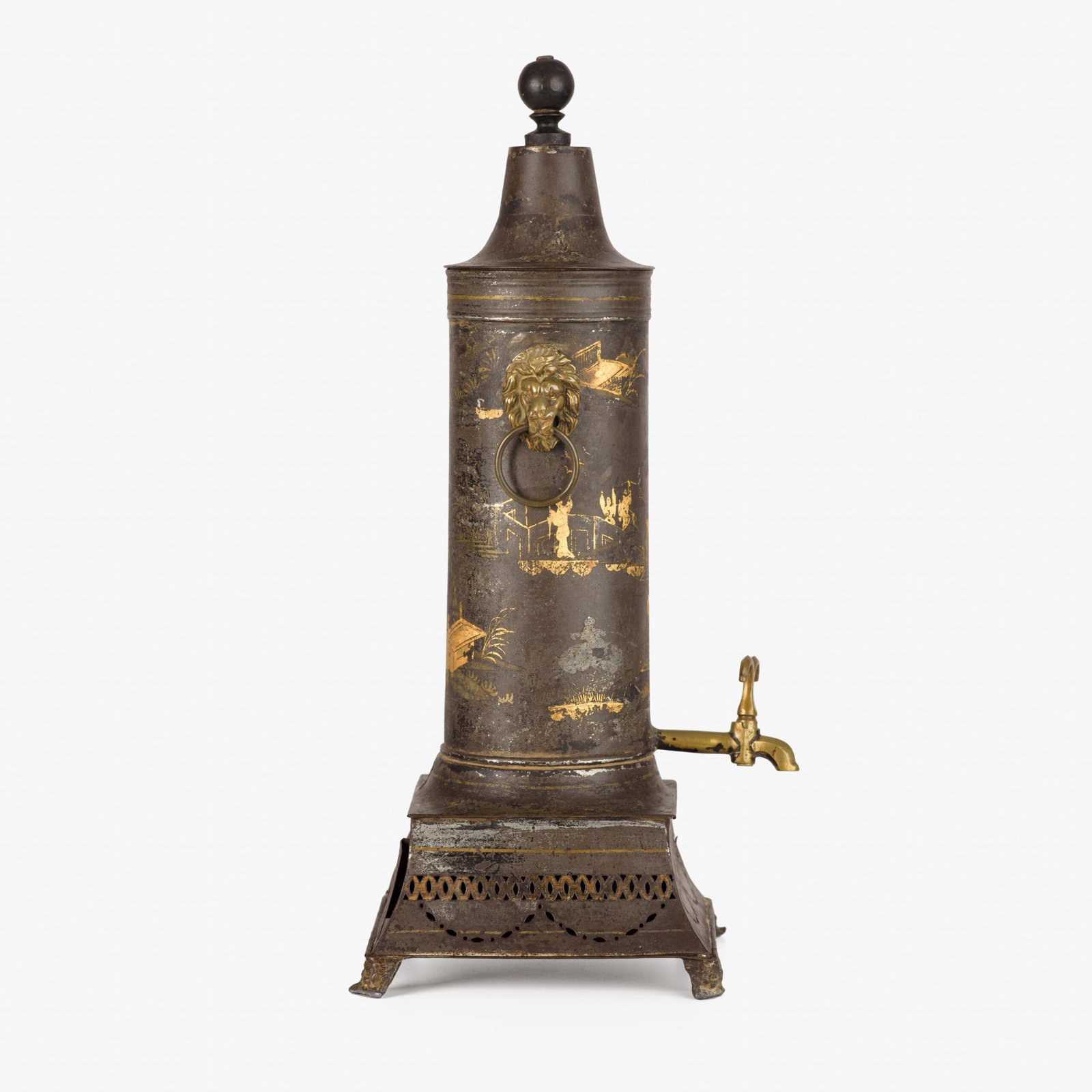 Tea Urn with Chinoiserie Decoration, Rare English Regency Hot Water Urn in Painted Metal and Brass, Lion Head Handles, Original Brass Tap, Circa 1800–1820.
