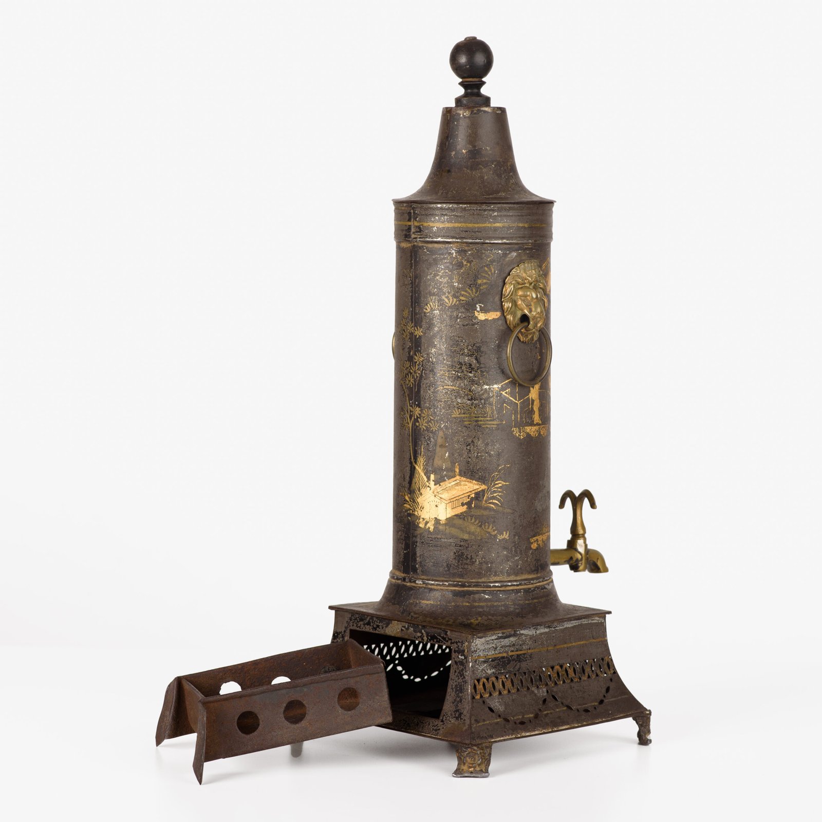 Tea Urn with Chinoiserie Decoration, Rare English Regency Hot Water Urn in Painted Metal and Brass, Lion Head Handles, Original Brass Tap, Circa 1800–1820.