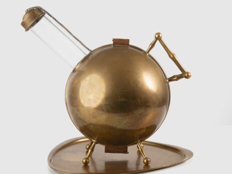 Art Deco Thermos in Brass and Pyrex Glass, Rare Spherical Coffee Thermos, Futurist Industrial Design, Sweden Circa 1930–1940.