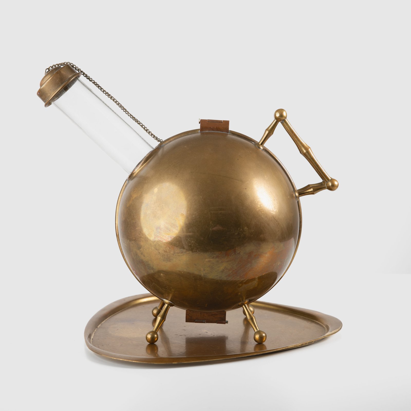 Art Deco Thermos in Brass and Pyrex Glass, Rare Spherical Coffee Thermos, Futurist Industrial Design, Sweden Circa 1930–1940.