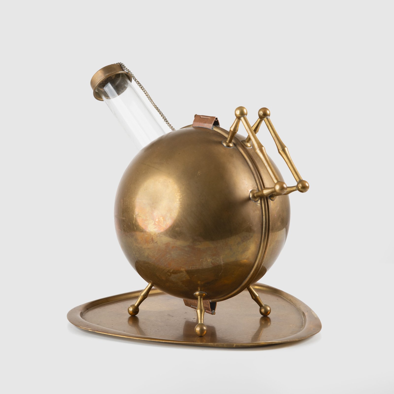 Art Deco Thermos in Brass and Pyrex Glass, Rare Spherical Coffee Thermos, Futurist Industrial Design, Sweden Circa 1930–1940.