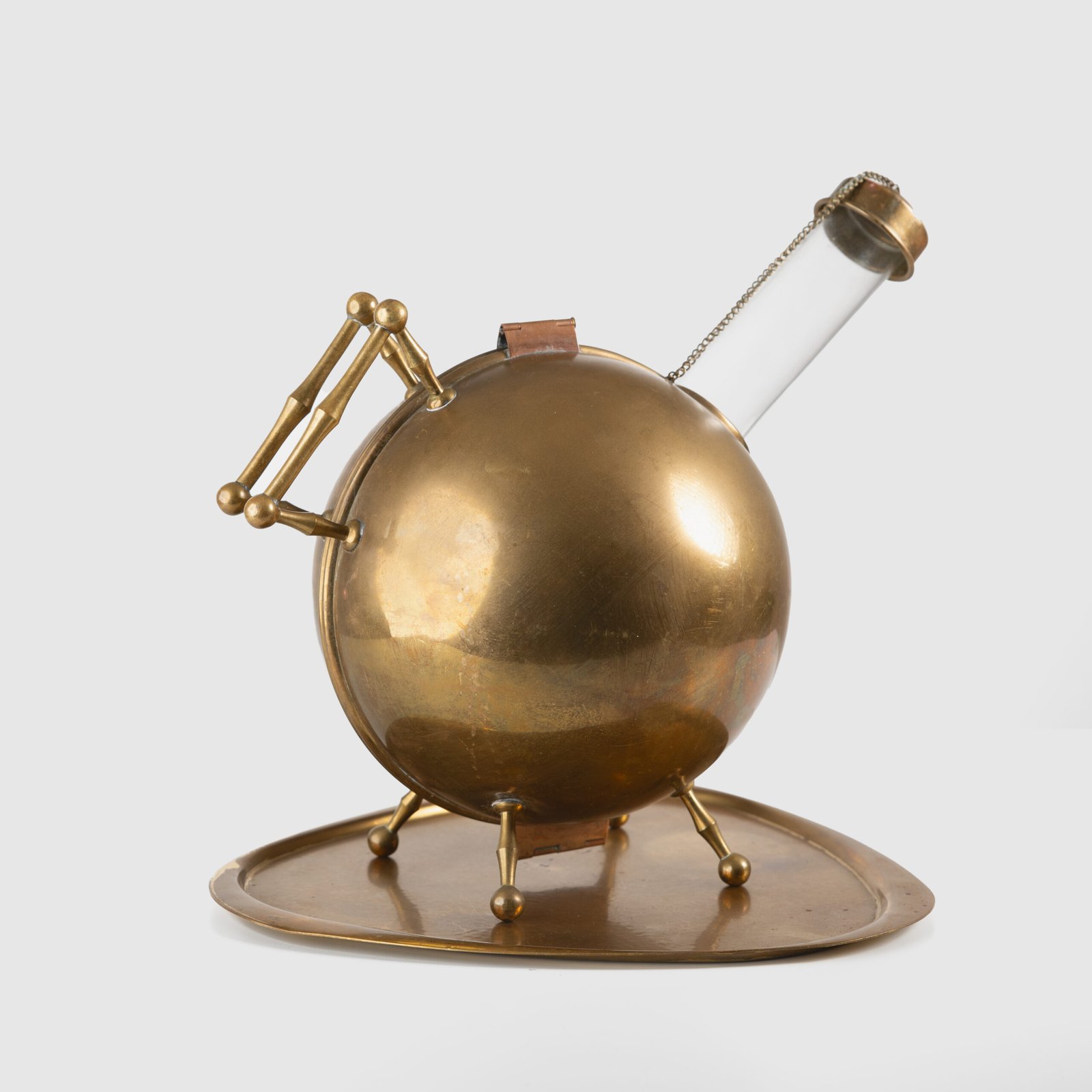 Art Deco Thermos in Brass and Pyrex Glass, Rare Spherical Coffee Thermos, Futurist Industrial Design, Sweden Circa 1930–1940.