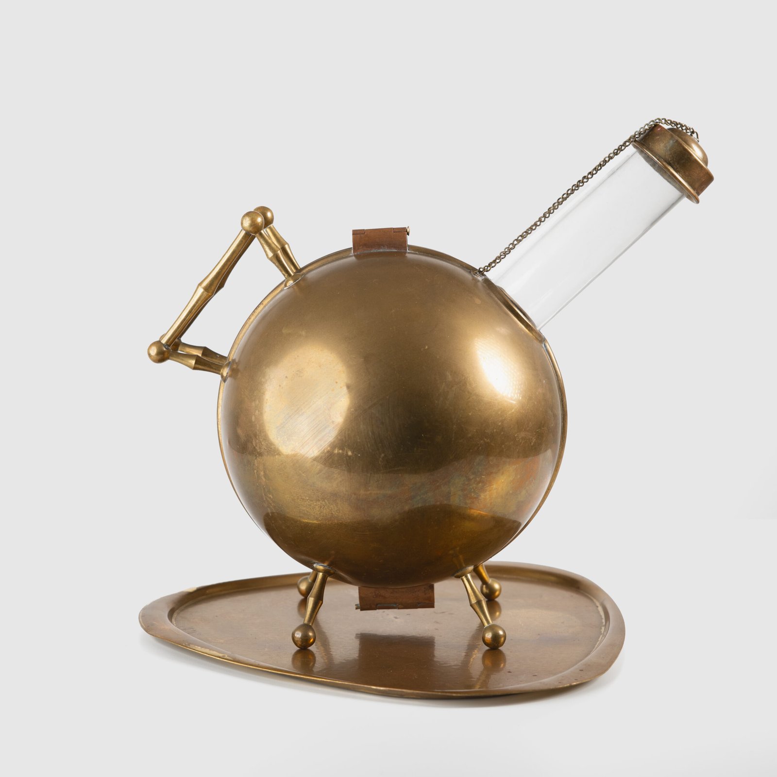 Art Deco Thermos in Brass and Pyrex Glass, Rare Spherical Coffee Thermos, Futurist Industrial Design, Sweden Circa 1930–1940.