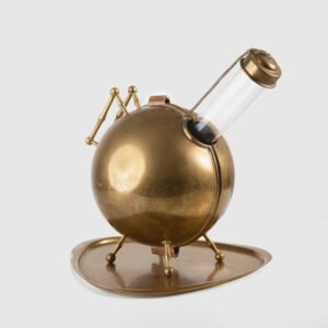 Art Deco Thermos in Brass and Pyrex Glass, Rare Spherical Coffee Thermos, Futurist Industrial Design, Sweden Circa 1930–1940.