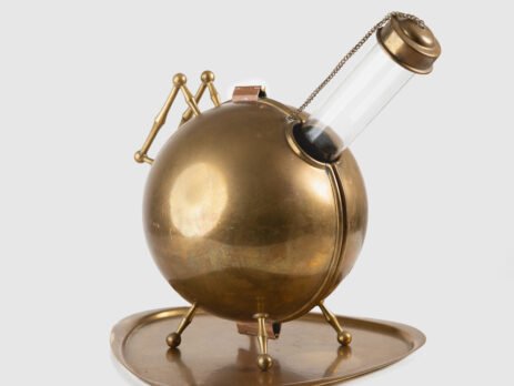 Art Deco Thermos in Brass and Pyrex Glass, Rare Spherical Coffee Thermos, Futurist Industrial Design, Sweden Circa 1930–1940.