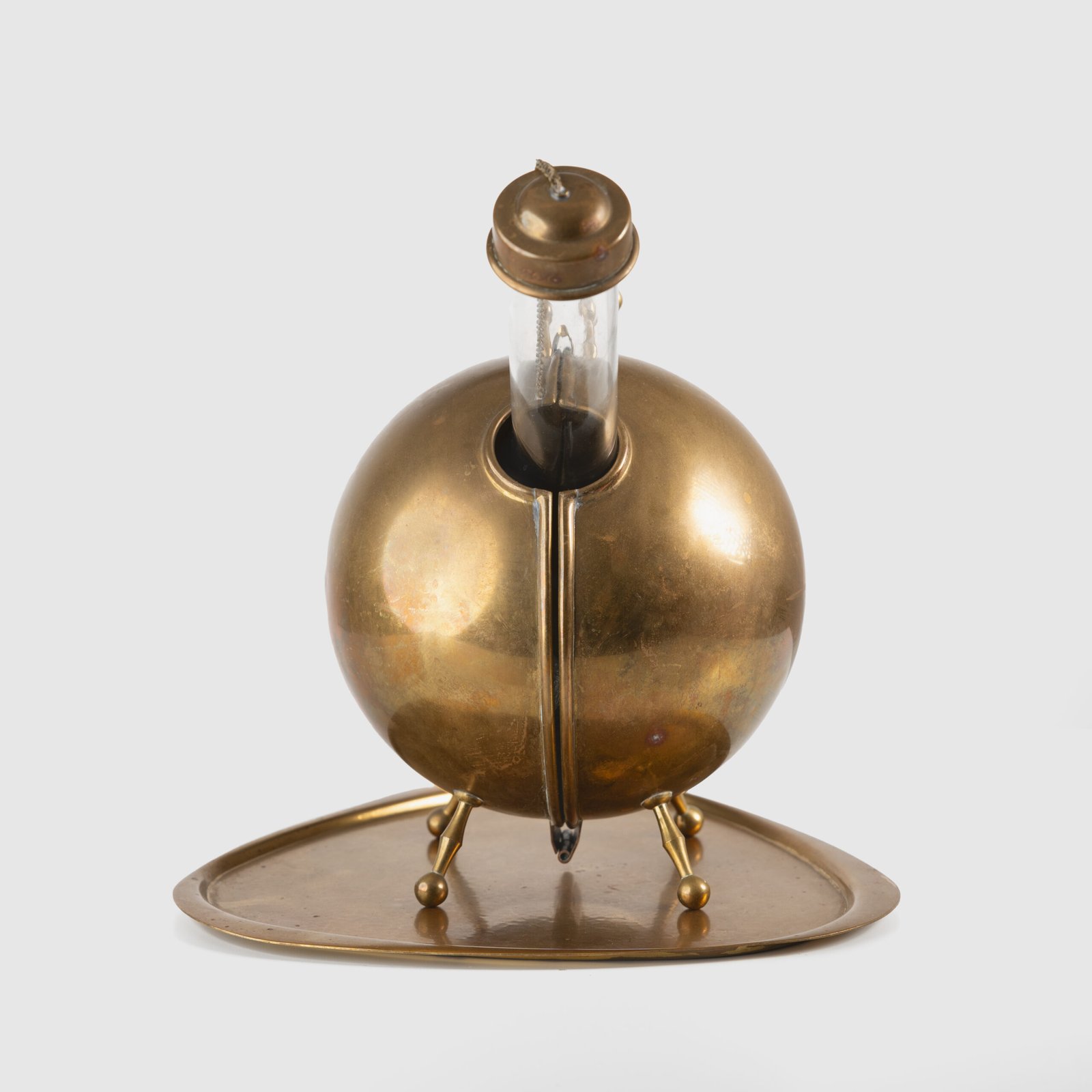 Art Deco Thermos in Brass and Pyrex Glass, Rare Spherical Coffee Thermos, Futurist Industrial Design, Sweden Circa 1930–1940.