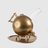 Art Deco Thermos in Brass and Pyrex Glass, Rare Spherical Coffee Thermos, Futurist Industrial Design, Sweden Circa 1930–1940.
