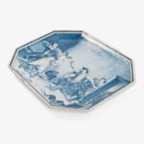 Antique French Faience Charger signed Michaud, hand-painted blue and white wall charger depicting La Rixe after Ernest Meissonier, 19th century French faience, decorative ceramic wall art.