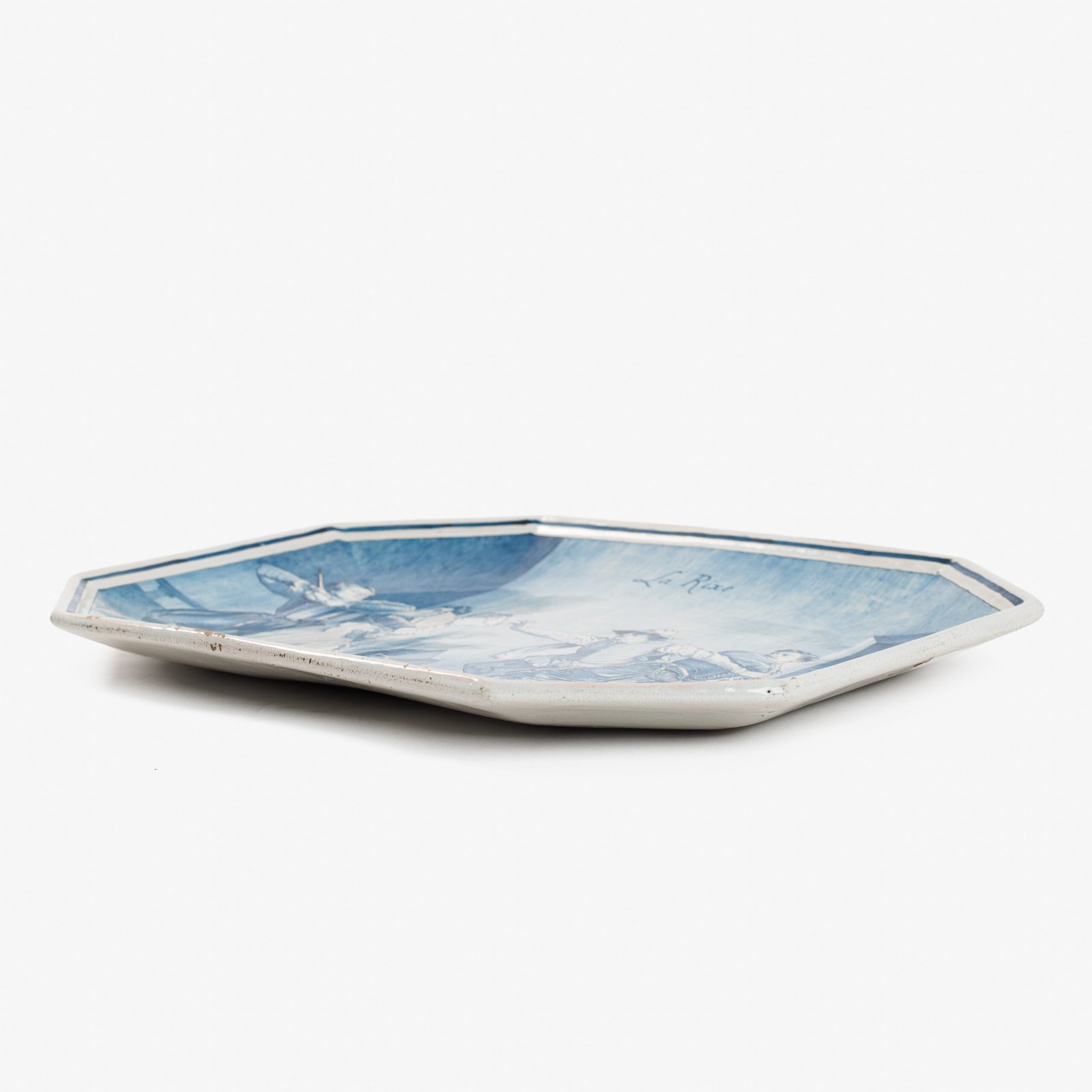 Antique French Faience Charger signed Michaud, hand-painted blue and white wall charger depicting La Rixe after Ernest Meissonier, 19th century French faience, decorative ceramic wall art.