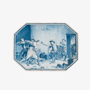 Antique French Faience Charger signed Michaud, hand-painted blue and white wall charger depicting La Rixe after Ernest Meissonier, 19th century French faience, decorative ceramic wall art.