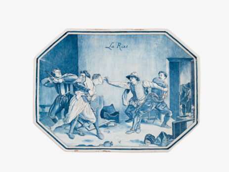 Antique French Faience Charger signed Michaud, hand-painted blue and white wall charger depicting La Rixe after Ernest Meissonier, 19th century French faience, decorative ceramic wall art.
