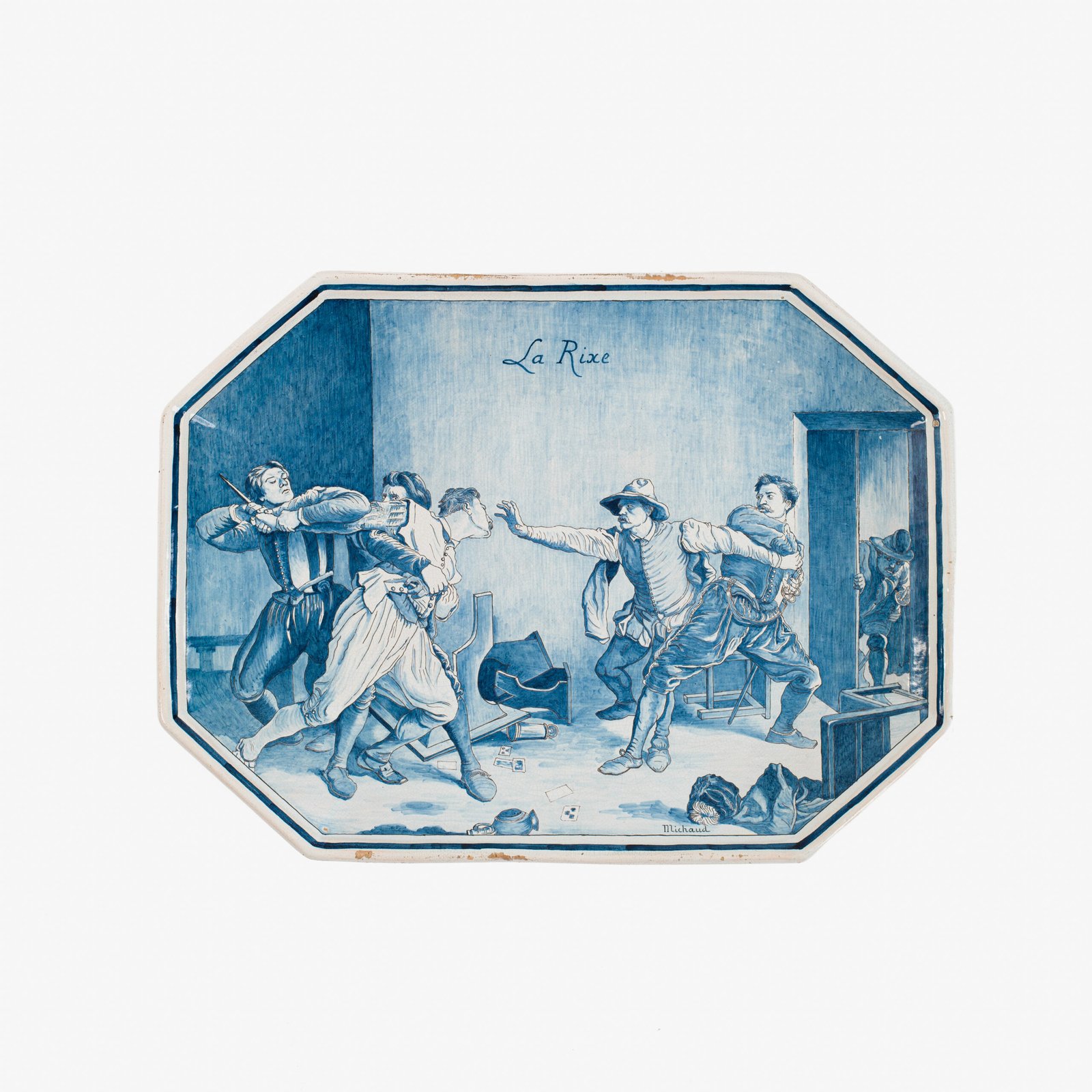 Antique French Faience Charger signed Michaud, hand-painted blue and white wall charger depicting La Rixe after Ernest Meissonier, 19th century French faience, decorative ceramic wall art.