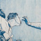 Antique French Faience Charger signed Michaud, hand-painted blue and white wall charger depicting La Rixe after Ernest Meissonier, 19th century French faience, decorative ceramic wall art.