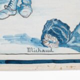 Antique French Faience Charger signed Michaud, hand-painted blue and white wall charger depicting La Rixe after Ernest Meissonier, 19th century French faience, decorative ceramic wall art.