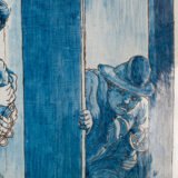 Antique French Faience Charger signed Michaud, hand-painted blue and white wall charger depicting La Rixe after Ernest Meissonier, 19th century French faience, decorative ceramic wall art.