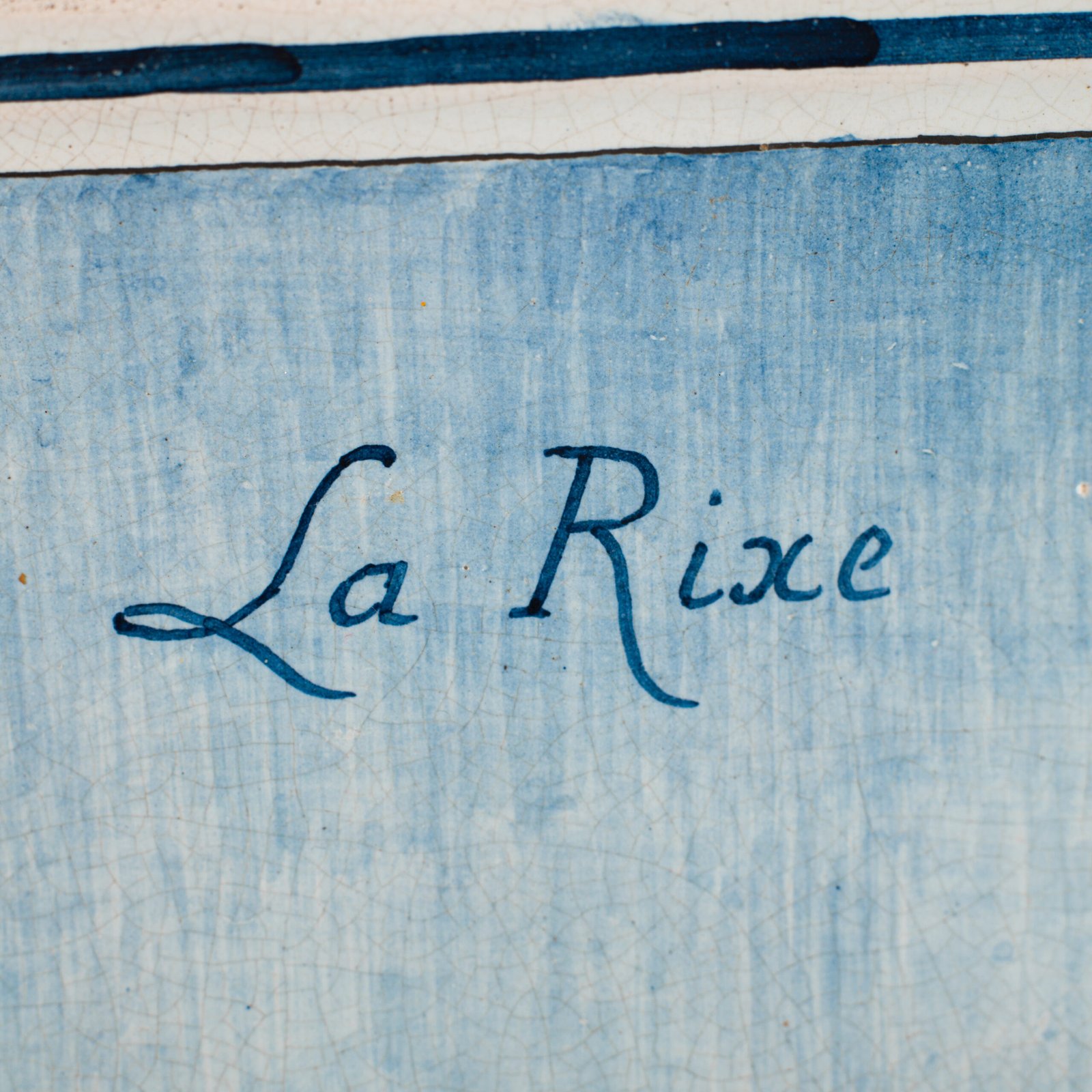 Antique French Faience Charger signed Michaud, hand-painted blue and white wall charger depicting La Rixe after Ernest Meissonier, 19th century French faience, decorative ceramic wall art.