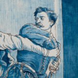 Antique French Faience Charger signed Michaud, hand-painted blue and white wall charger depicting La Rixe after Ernest Meissonier, 19th century French faience, decorative ceramic wall art.