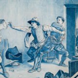 Antique French Faience Charger signed Michaud, hand-painted blue and white wall charger depicting La Rixe after Ernest Meissonier, 19th century French faience, decorative ceramic wall art.