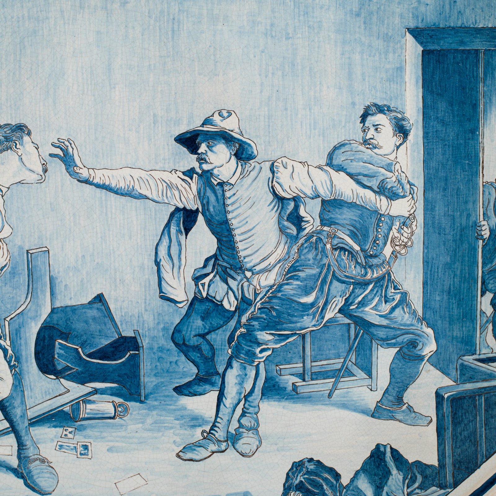 Antique French Faience Charger signed Michaud, hand-painted blue and white wall charger depicting La Rixe after Ernest Meissonier, 19th century French faience, decorative ceramic wall art.