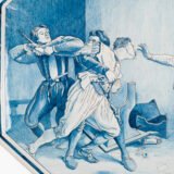 Antique French Faience Charger signed Michaud, hand-painted blue and white wall charger depicting La Rixe after Ernest Meissonier, 19th century French faience, decorative ceramic wall art.