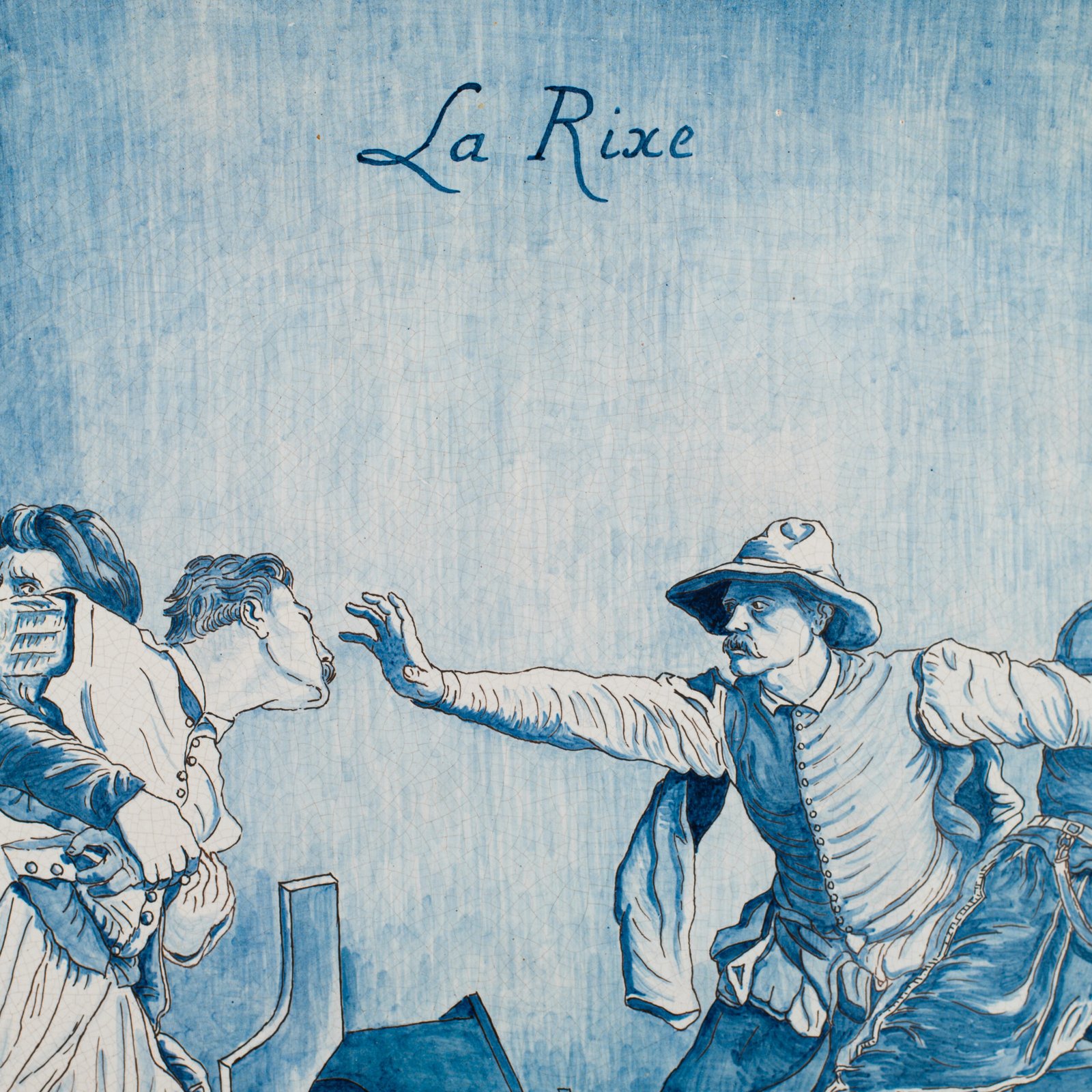Antique French Faience Charger signed Michaud, hand-painted blue and white wall charger depicting La Rixe after Ernest Meissonier, 19th century French faience, decorative ceramic wall art.