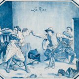 Antique French Faience Charger signed Michaud, hand-painted blue and white wall charger depicting La Rixe after Ernest Meissonier, 19th century French faience, decorative ceramic wall art.